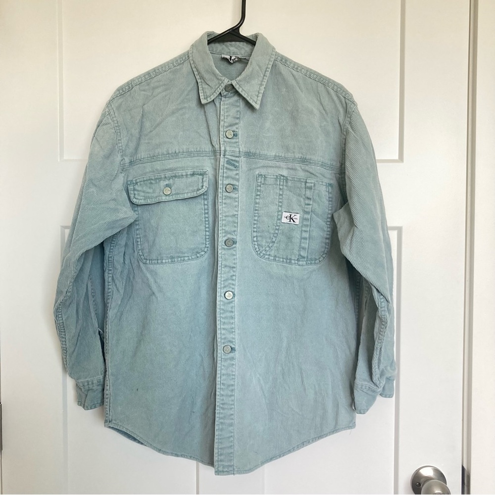 Calvin Klein Men’s Light Blue Corduroy Button down Shirt, Long Sleeves, S